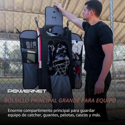 Vista 4 de PowerNet Optimus - Bolsa de receptor, bolsa de equipo rodante para todos los equipos de béisbol y sóftbol, 7 fundas internas para bate