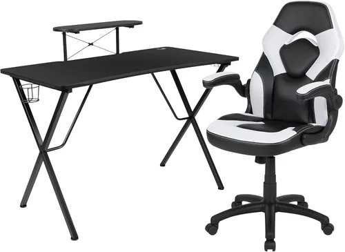 Flash Furniture Juego de escritorio para juegos negro y silla de carreras blanco/negro con soporte para tazas, gancho para auriculares y soporte