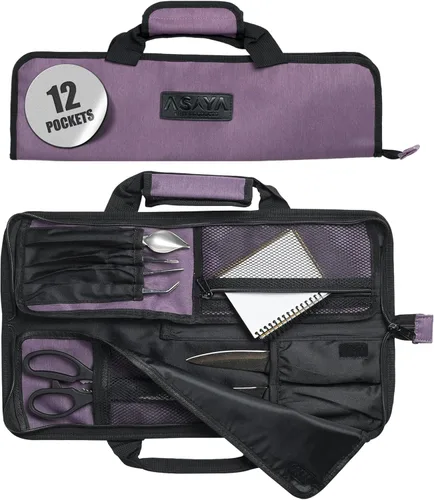 Vista 10 de Asaya - Bolsa enrollable para cuchillos de chef - 12 bolsillos para cuchillos y utensilios de cocina - Nylon ligero, duradero y resistente a manchas