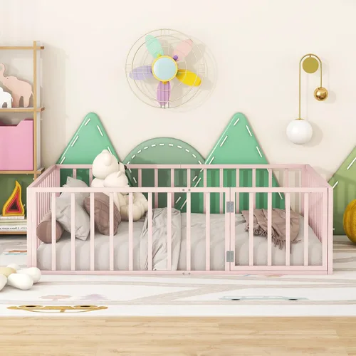 Vista 4 de Harper & Bright Designs Base de cama de metal de tamaño matrimonial con rieles, cama de suelo Montessori matrimonial con valla y puerta, para niños