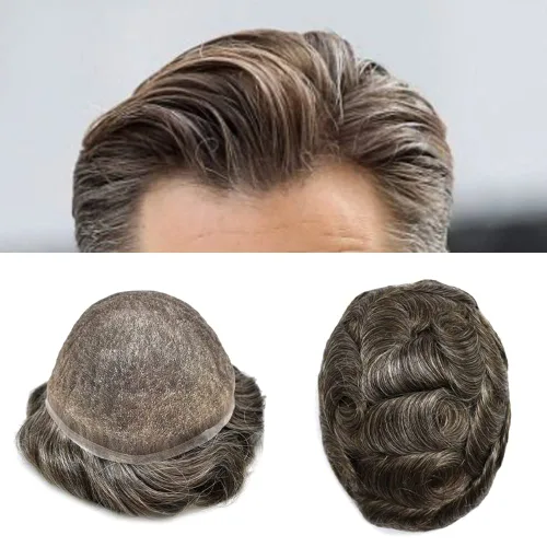 Vista 29 de Tupé para hombre, pieza de cabello humano real, sistema de reemplazo de piezas de cabello para hombres, encaje suizo suave, nudos blanqueados, línea