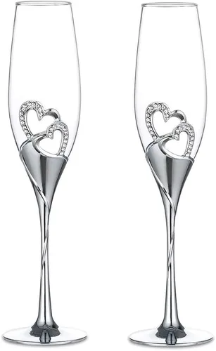 Vista 10 de Juego de copas de champán para boda, copas de flauta de tostado dorado, paquete de 2 con diamantes de imitación, decoración de corazones para bodas