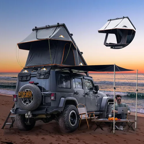 Adventurer Pro Rooftop Tent Hard Shell with USB Outlet, Side Awning, Replaceable Rain Fly&Luggage Racks for 4 Season Camping, Aluminum Pop Up 2-3