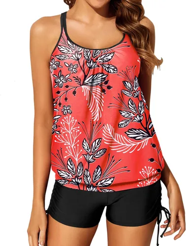 Yonique Traje de baño tankini de dos piezas con tirantes delgados para mujer con pantalones cortos cruzados