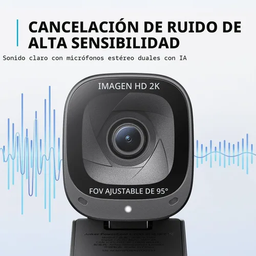 Vista 6 de Anker PowerConf C200 Webcam 2K para PC/Laptop/Mac, cámara de computadora, corrección de poca luz, micrófonos con cancelación de ruido AI, campo