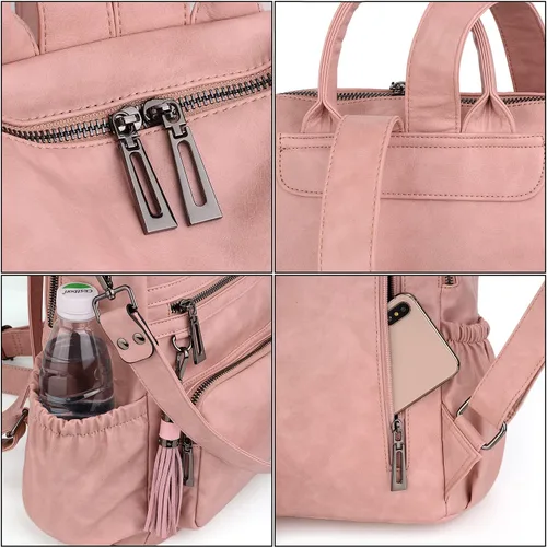 Vista 5 de UTO Mochila de cuero vegano para mujer, diseño de moda, convertible con borla, para viajes, con borla