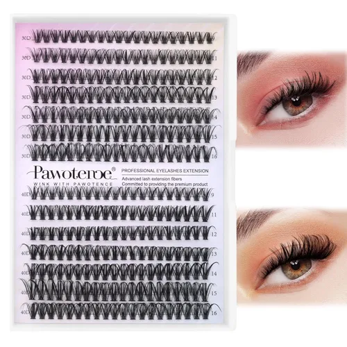 Vista 18 de Kit de extensión de pestañas Pawotence DIY 280 piezas, kit de racimos de pestañas individuales de 9-16mm, kit de extensión de pestañas en racimo