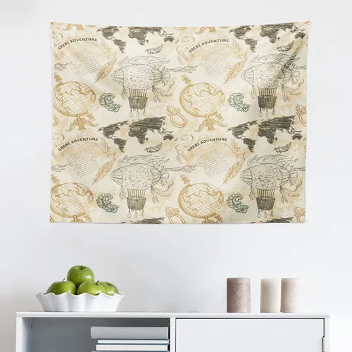 Ambesonne World Map Tapestry, Pattern Vintage Globe Atlas Theme Airship Knots Ribbon Retro Print, Fabric Wall Hanging Decor for Bedroom Living Room
