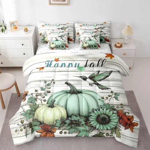Vista 44 de Feelyou Fall Pumpkin Comforter Set with Sheets 7 Piece Twin Size Autumn Bed in a Bag Kids Boys Girls Pumpkin Maple Leaf Bedding Set Hummingbird Beig