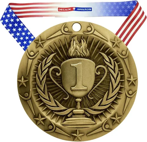 Vista 7 de Decade Awards Medalla de Primer Lugar, Clase Mundial - 3 Pulgadas de Ancho - Medalla de Oro con Cinta para el Cuello de Estrellas y Rayas - Perfecta