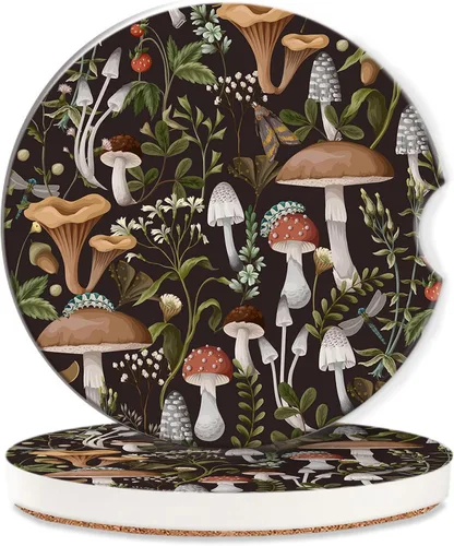 Posavasos de automóvil con hongos de otoño para mujer, paquete de 2 unidades, posavasos absorbentes botánicos para portavasos de cerámica,