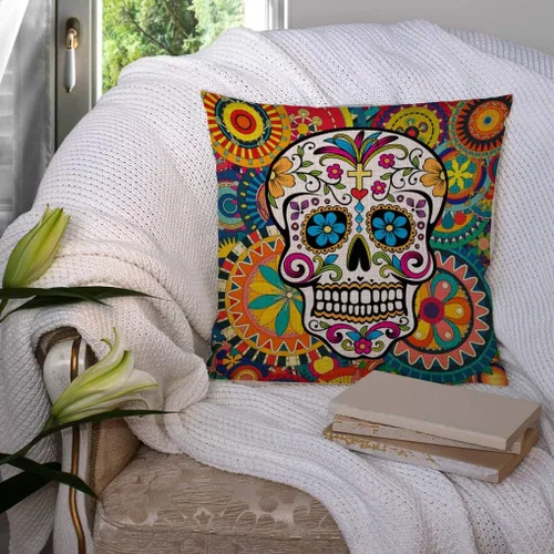 Vista 3 de SSOIU Fundas de almohada de lino y algodón con diseño de calavera de azúcar para exteriores, fundas de cojín cuadradas estándar para sofá o cama, 18
