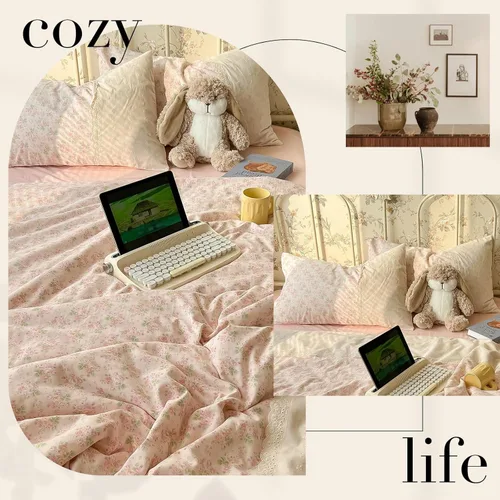 Vista 7 de Juego de funda de edredón floral rosa, tamaño matrimonial, con ribete de encaje blanco, tamaño matrimonial, estilo bohemio, de microfibra lavada