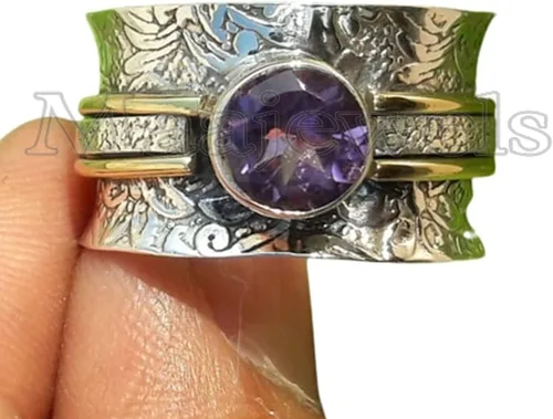 Vista 2 de Natural Amethyst Spinner Ring, 925 Sterling Silver Meditation & Fidget Ring for Women, Handmade Spin Band Yoga Jewelry