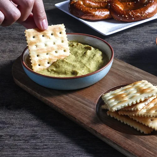 Vista 5 de Artena Juego de 6 Tazas de 177ml de Cerámica Sólida Turquesa para Chips y Dip con Bandeja de Madera de Acacia, Tazas de Servir Pequeñas de 11.4cm