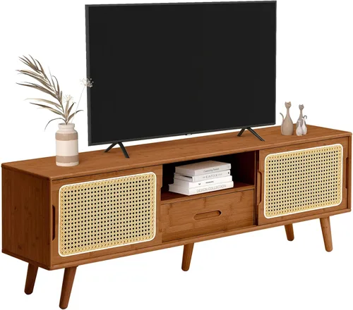 Vista 12 de HollyHOME Soporte de TV de bambú con almacenamiento para televisores de hasta 65 pulgadas, moderno centro de entretenimiento con 2 estantes