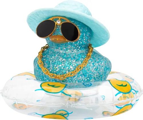 Vista 27 de Wonuu Decoraciones de tablero de goma de pato para automóvil, accesorios con anillo de natación, gafas de sol, sombrero y collar, azul y delfín