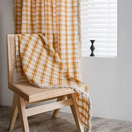 Vista 3 de Cortina a cuadros de búfalo naranja con borlas de algodón y lino bohemio para ventana, bolsillo para barra, cortina semiopaca para dormitorio, sala