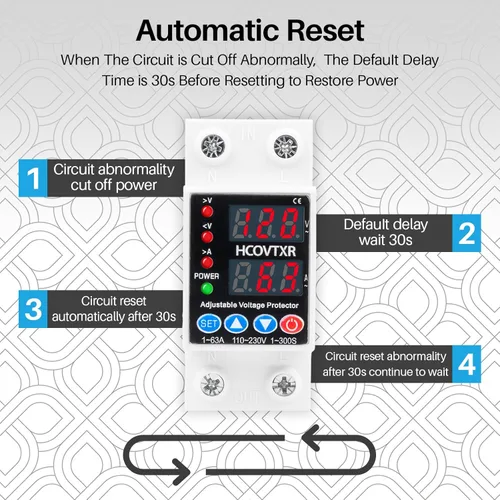 Vista 5 de Interruptor de Circuito Inteligente 110V, Corte de Baja Tensión de 1~63 Amp, Interruptor de Corriente AC Ajustable para Sistemas Solares (Negro)