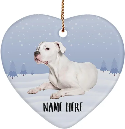 Personalized Name Dogo Argentino White Christmas Tree Ornaments Ceramic Heart Decorations Gifts for Dog Lovers