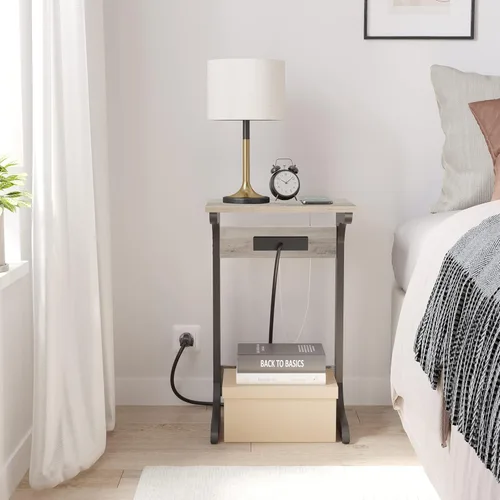 Vista 2 de TUTOTAK Mesa auxiliar en forma de C con estación de carga, juego de 2, bandeja de sofá TV con 2 puertos USB y tomas, mesa auxiliar de sofá