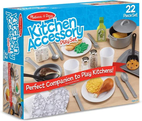Melissa & Doug Juego de accesorios de cocina de 22 piezas con comida de juego y juguetes de madera, olla, sartenes, utensilios y más, juguetes de