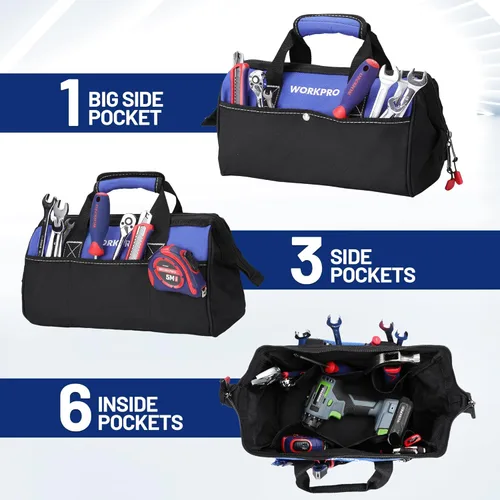 Vista 4 de WORKPRO Bolsa de herramientas de 13 pulgadas de boca ancha, bolsa de herramientas portátil con bolsillos interiores para almacenamiento