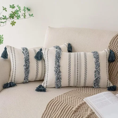 Vista 11 de Juego de 2 fundas de almohada bohemias de 18 x 18 pulgadas, fundas de almohada tejidas con mechones estilo granja con borlas y rayas texturizadas