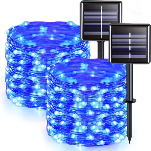 Vista 28 de JMEXSUSS Paquete de 4 tiras de 100 luces LED solares para exteriores, 33 pies, luces solares blancas para exteriores, impermeables, 8 modos, luces