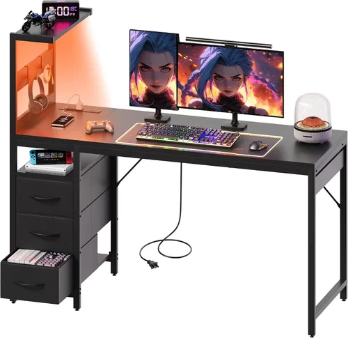 Escritorio pequeño para computadora de juegos de 48 pulgadas con luces LED y estante de almacenamiento, color negro