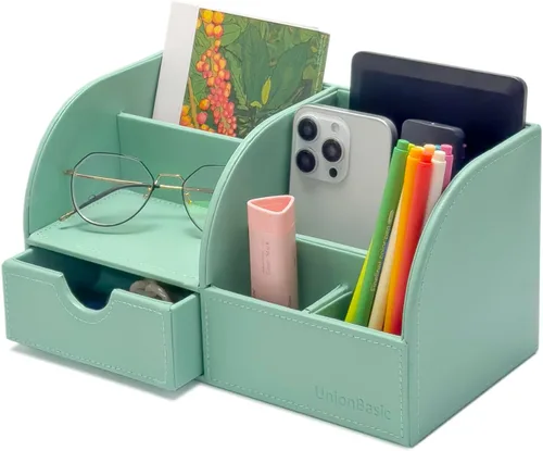 Vista 100 de UnionBasic Organizador de escritorio - Caja de almacenamiento multifuncional de cuero para escritorio con soporte para bolígrafos - Para tarjetas