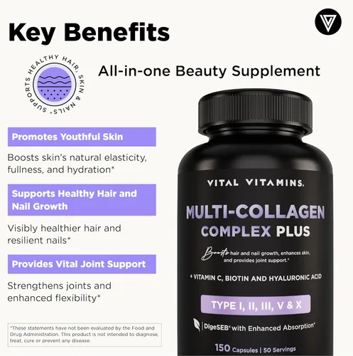 Vista 5 de Vital Vitamins Multi Colágeno para Mujeres y Hombres - Tipo I, II, III, V, X - Alimentado con Pasto, Sin OGM - 150 Cápsulas