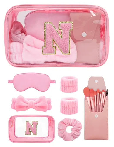 Vista 13 de Juegos de regalo para mujer, bolsa de maquillaje inicial con juego de brochas de maquillaje, regalos de despedida de soltera, kit de spa rosa