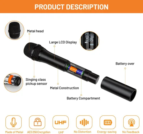Vista 9 de Micrófono inalámbrico UHF - Micrófono de mano de 2 canales, escaneo automático, rango de 300 pies, amplificador PA, blindaje de señal, batería