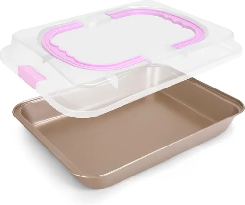 Molde rectangular para pasteles con tapa, bandeja para hornear de 9 x 13 pulgadas con tapa y asa, antiadherente para hornear y asar y cocinar,