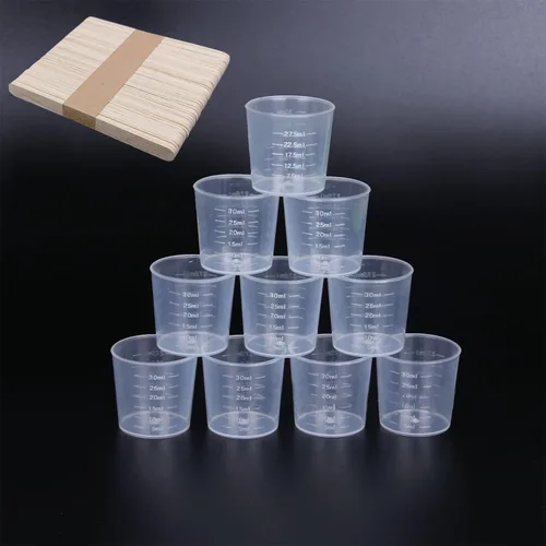 60 vasos graduados de plástico, 1.0 fl oz/1 onza, escamas transparentes y vasos de mezcla de epoxi, paquete de 50 varillas de madera para remover