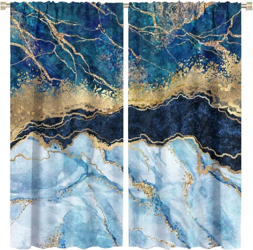 Vista 13 de Cortinas abstractas de mármol de lujo de lujo azul marino dorado a rayas con patrón de mármol estampado para dormitorio, sala de estar, cortinas