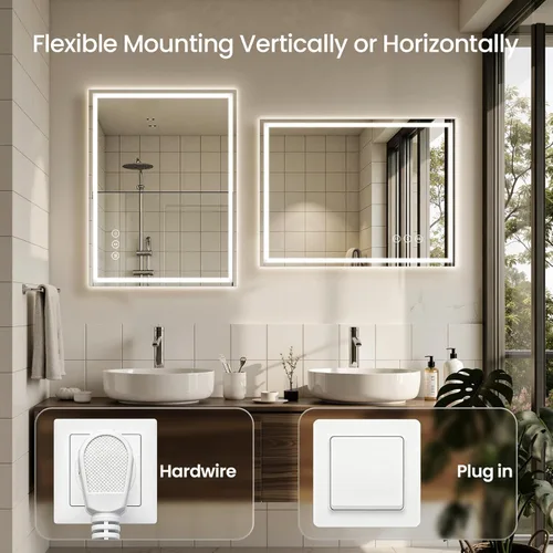 Vista 7 de Espejo de baño LED de 16 x 24 pulgadas con luces, antiniebla, retroiluminado + luz frontal, espejo de tocador de baño iluminado para pared, función