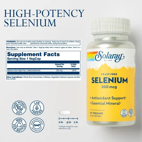 Vista 2 de Solaray Selenio 200, sin levadura, 200 mcg, inmune saludable, función tiroidea, apoyo antioxidante, fórmula de alta absorción, vegano y sin OMG, 90