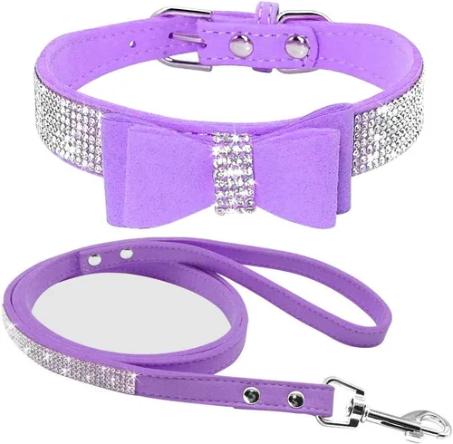 Vista 7 de Conjunto de collar y correa para perro y gato, material de piel de ante suave, deslumbrante y elegante con diamantes de imitación de cristal, collar