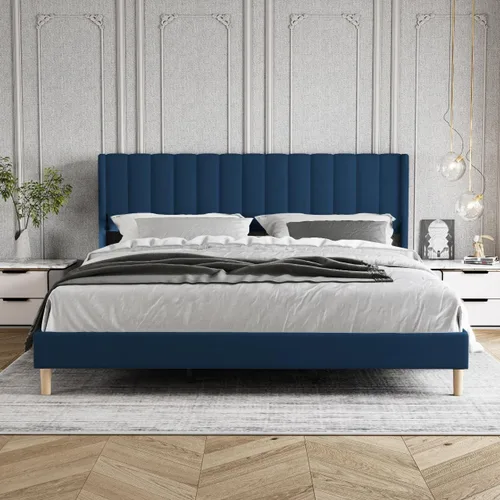 Vista 94 de Zoophyter Base de cama tapizada de plataforma tamaño King con cabecero, listones de madera fuertes, no necesita somier, fácil montaje, lino blanco