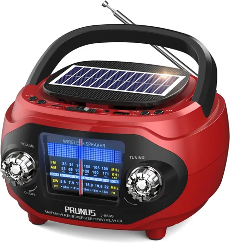 PRUNUS Altavoz Bluetooth retro de 15 W con sonido estéreo de graves ricos, radio portátil AM FM, recargable por solar/USB, soporte de altavoz