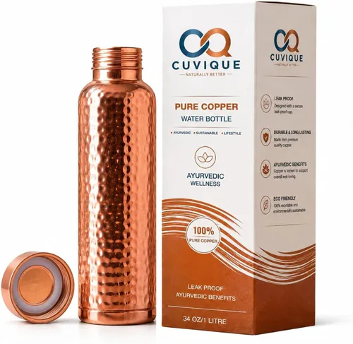 Vista 2 de Botella de agua de cobre 100% puro, 34 onzas (1 litro), botella de cobre martillado con tapa a prueba de fugas, botella de metal reutilizable