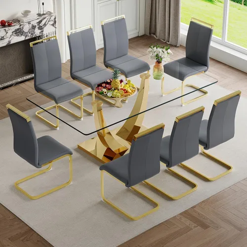 Vista 31 de Juego de mesa de comedor de cristal de 63 pulgadas para 4, mesa de comedor para 4, mesa de comedor con patas y base de acero inoxidable, sillas
