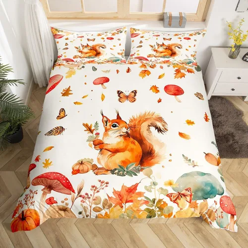 Lindo juego de ropa de cama de ardilla tamaño individual para niñas y mujeres, decoración de otoño, funda de edredón de regalo para el día de Acción