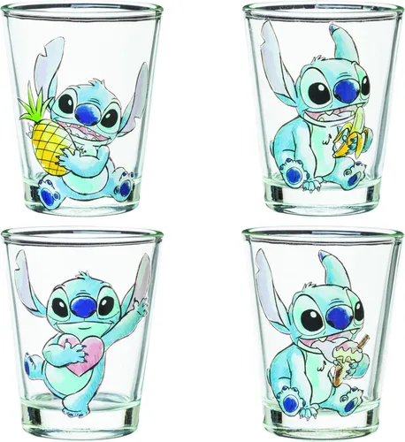 Silver Buffalo Disney Lilo and Stitch Poses con fruta, helado y corazón, paquete de 4 mini vasos, 1.5 onzas