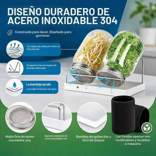 Vista 7 de Kit Premium de Frascos para Germinación 2 Piezas Frascos Mason Grandes de Boca Ancha Con Tapa de Malla para Brotes, Soporte para Frasco de Verde