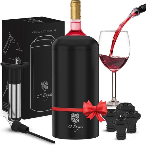 Juego de enfriador de vino 12 Degrés - Regalos de vino perfectos para mujeres y hombres - Enfriador de vino aislado de acero inoxidable con bomba de