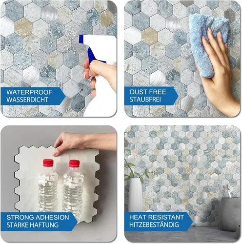 Vista 6 de MOFIT - Azulejos hexagonales para salpicaduras de cocina, autoadhesivos, de metal y mármol, diseño de panal de abejas para despegar y pegar, mosaico