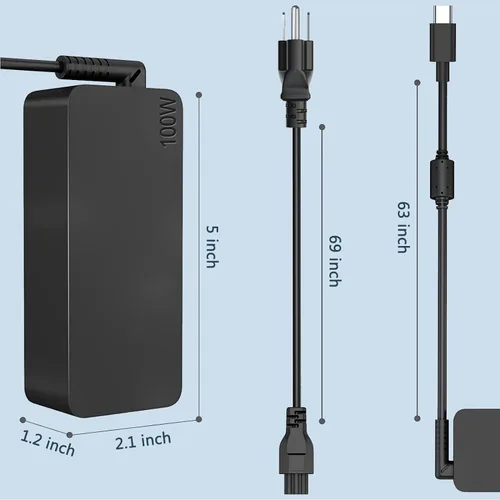 Vista 2 de Cargador USB C para laptop, 100 W CA de repuesto para Lenovo, ThinkPad, HP, Asus, Acer, MacBook, MSI, Dell, Toshiba, cable de alimentación universal